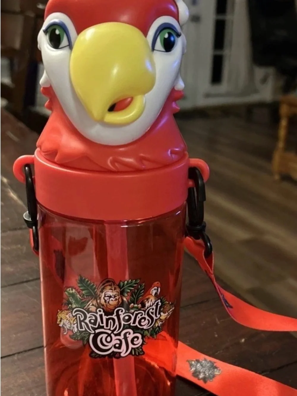 Rainforest Cafe Red Parrot 3D Head Souvenir Sipper Cup Lanyard